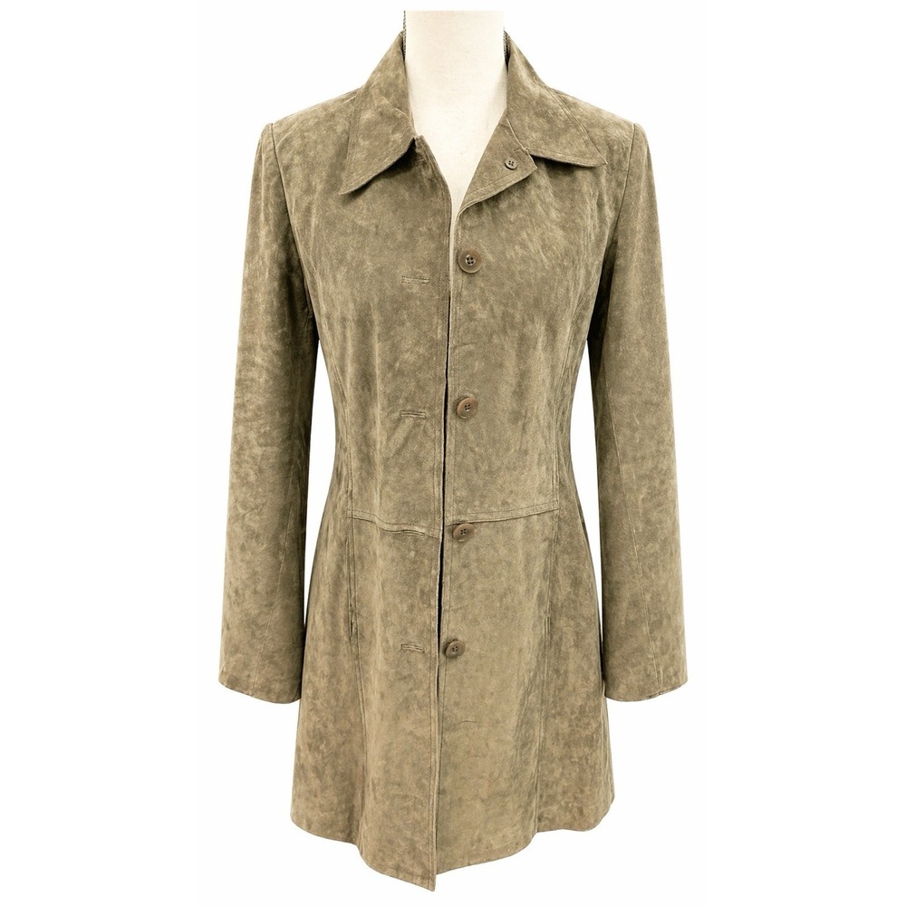 Vintage 90s‎ John Carlisle Green Suede Leather Coat Women M Mid Length Jacket